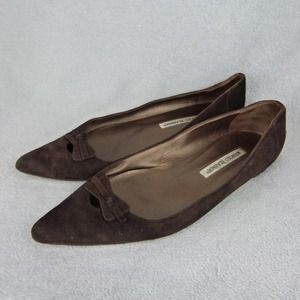 Manolo Blahnik Suede Flat Shoes Brown Pointed Toe Slip On Bow Womens Size 38 / 8